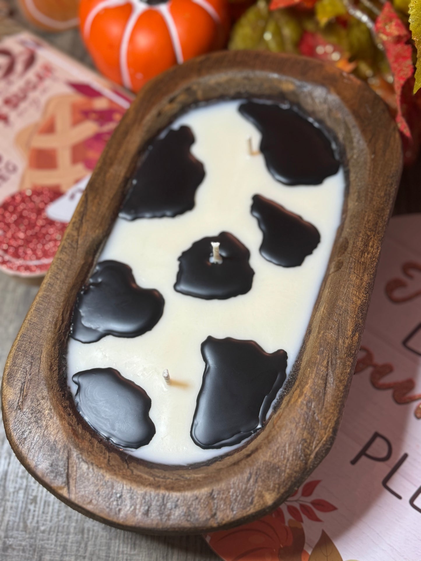 Pink Pumpkin Cow Print Dough Bowl Candle