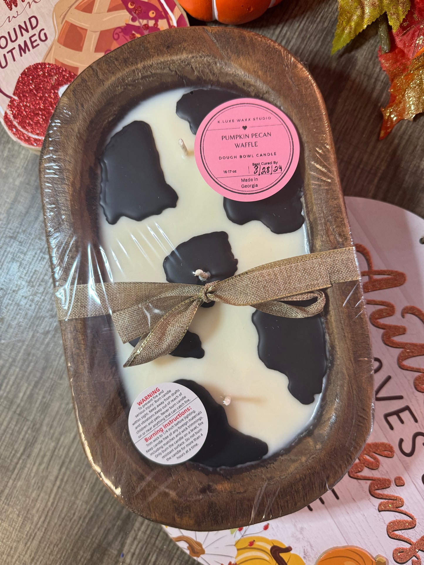 Pink Pumpkin Cow Print Dough Bowl Candle