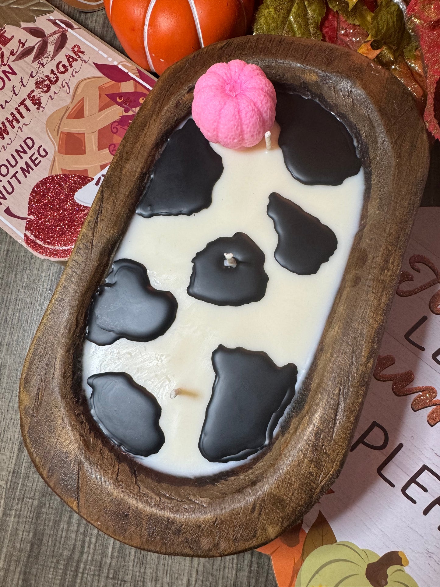 Pink Pumpkin Cow Print Dough Bowl Candle