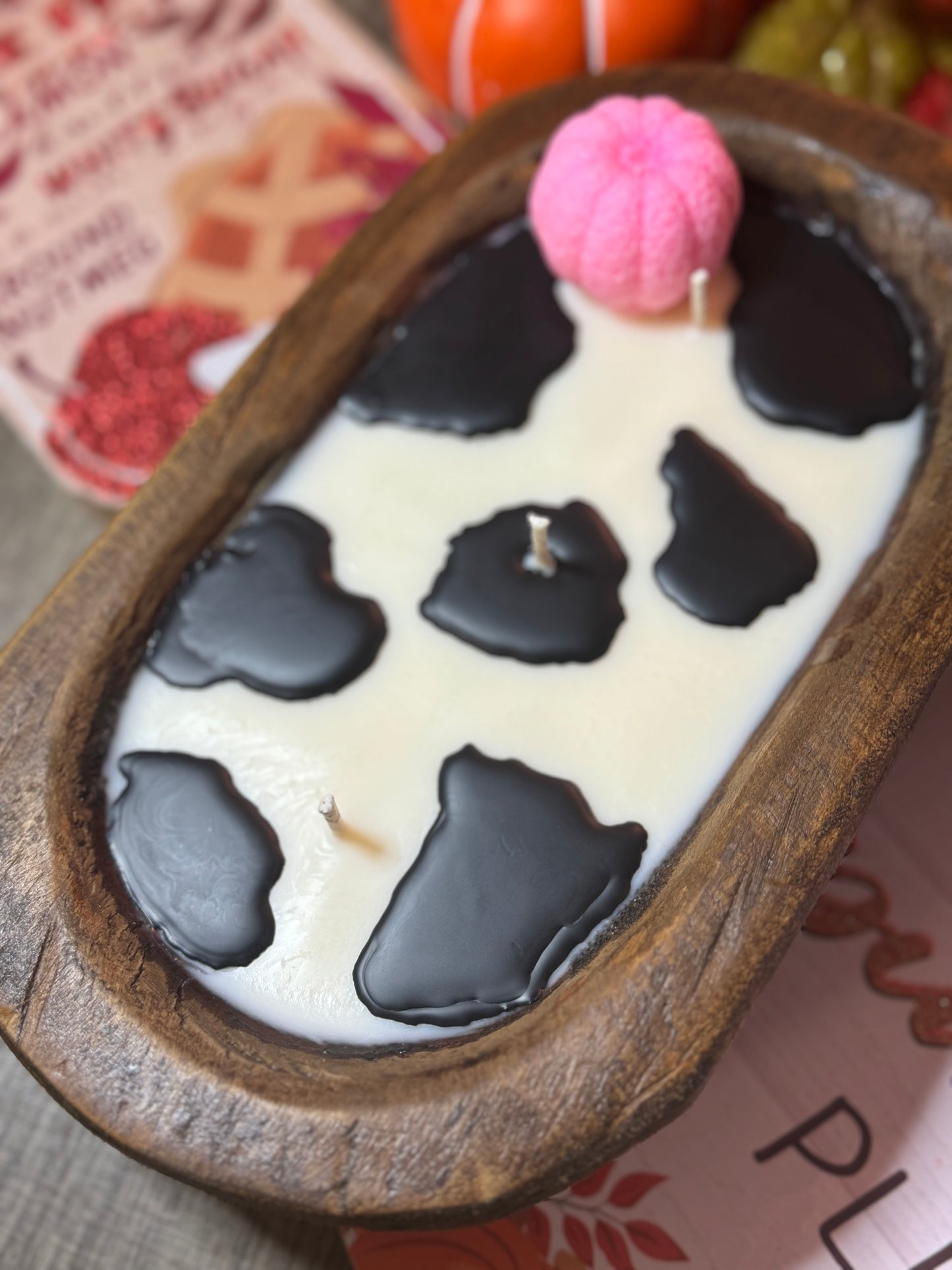 Pink Pumpkin Cow Print Dough Bowl Candle
