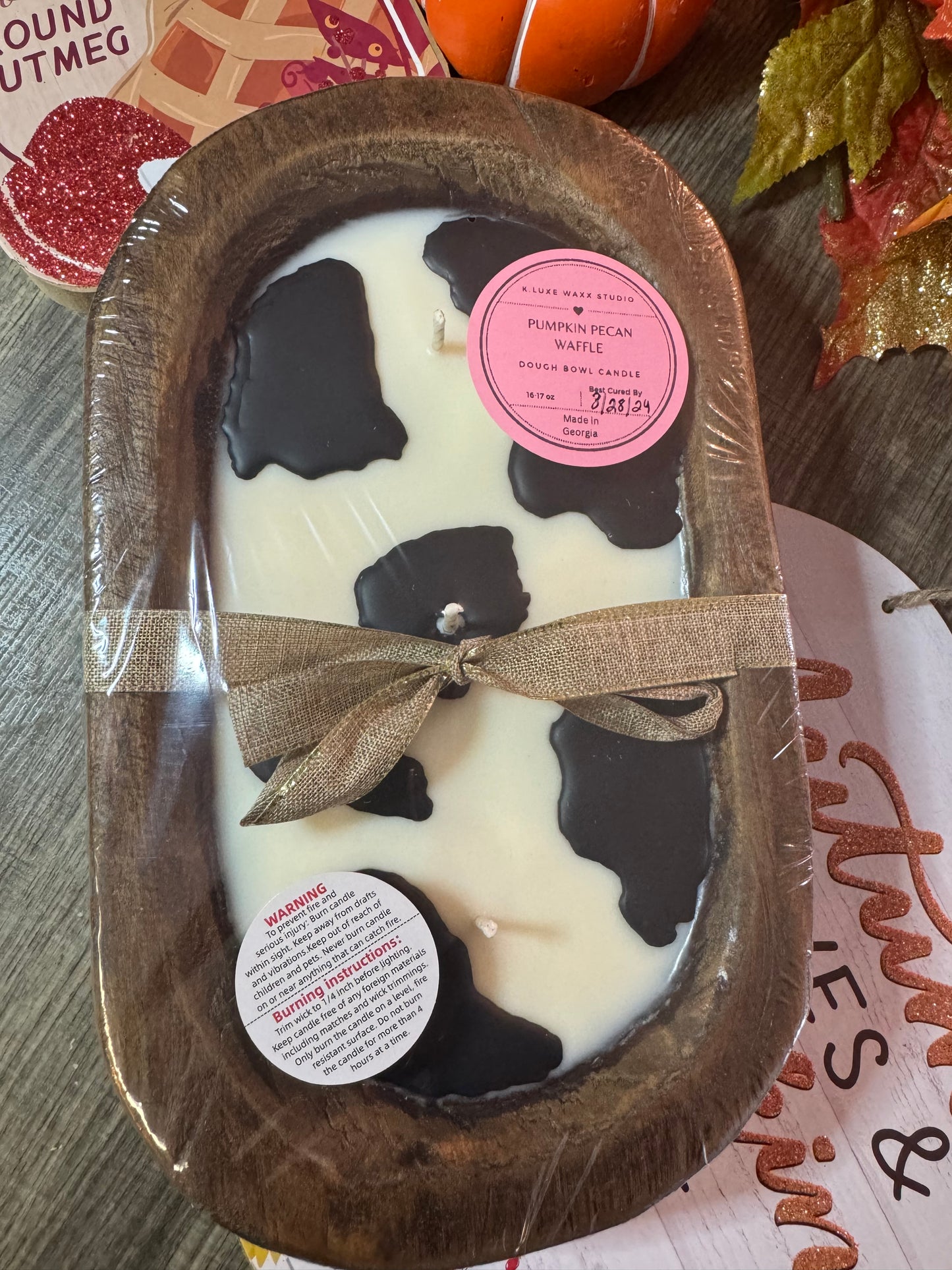 Pink Pumpkin Cow Print Dough Bowl Candle