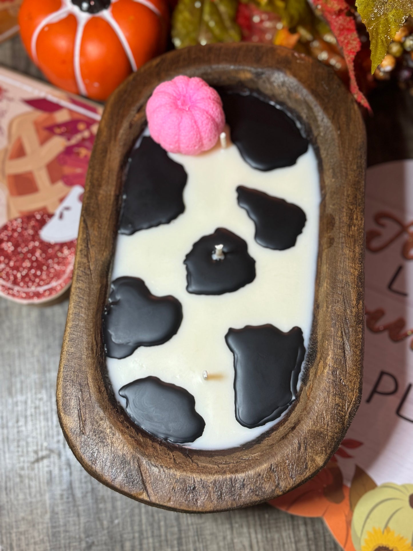 Pink Pumpkin Cow Print Dough Bowl Candle