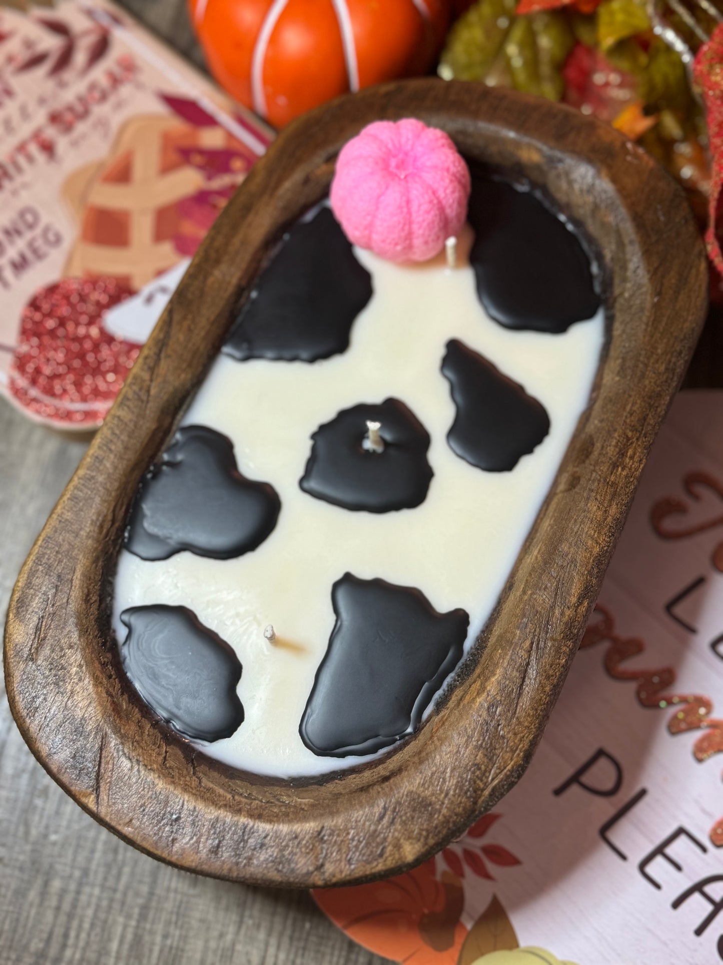 Pink Pumpkin Cow Print Dough Bowl Candle