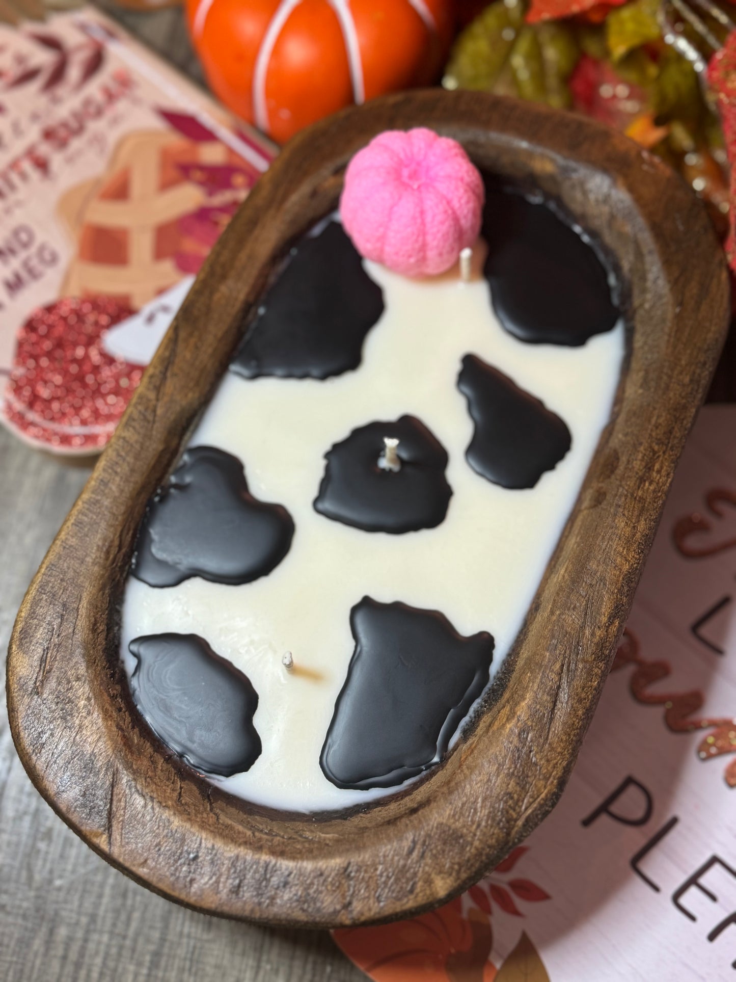 Pink Pumpkin Cow Print Dough Bowl Candle