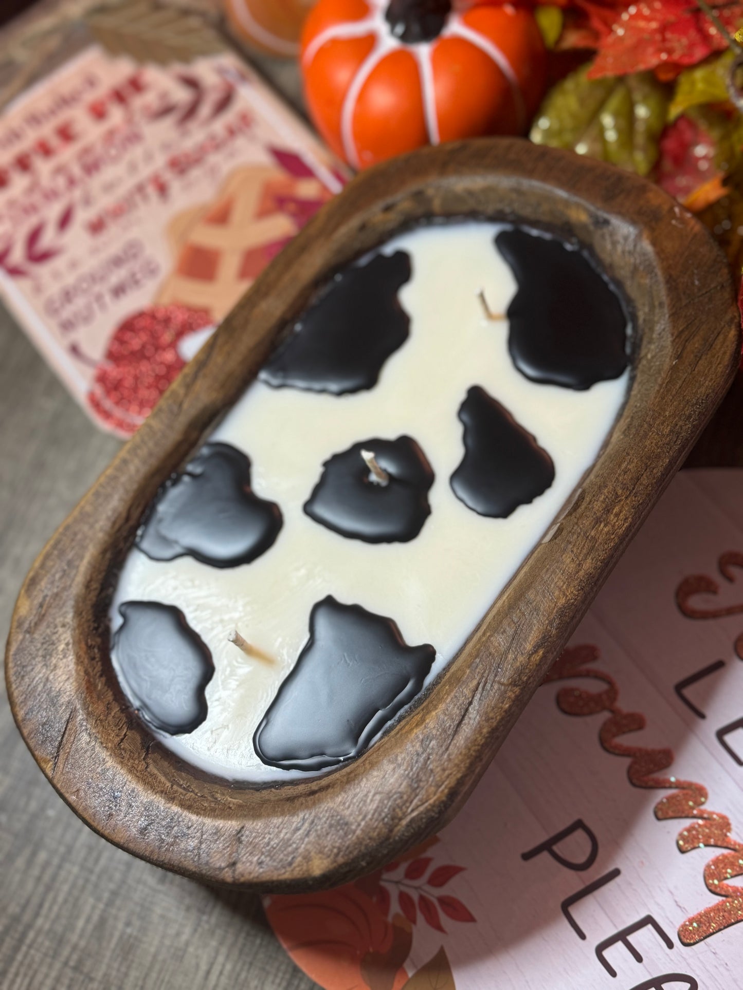 Pink Pumpkin Cow Print Dough Bowl Candle
