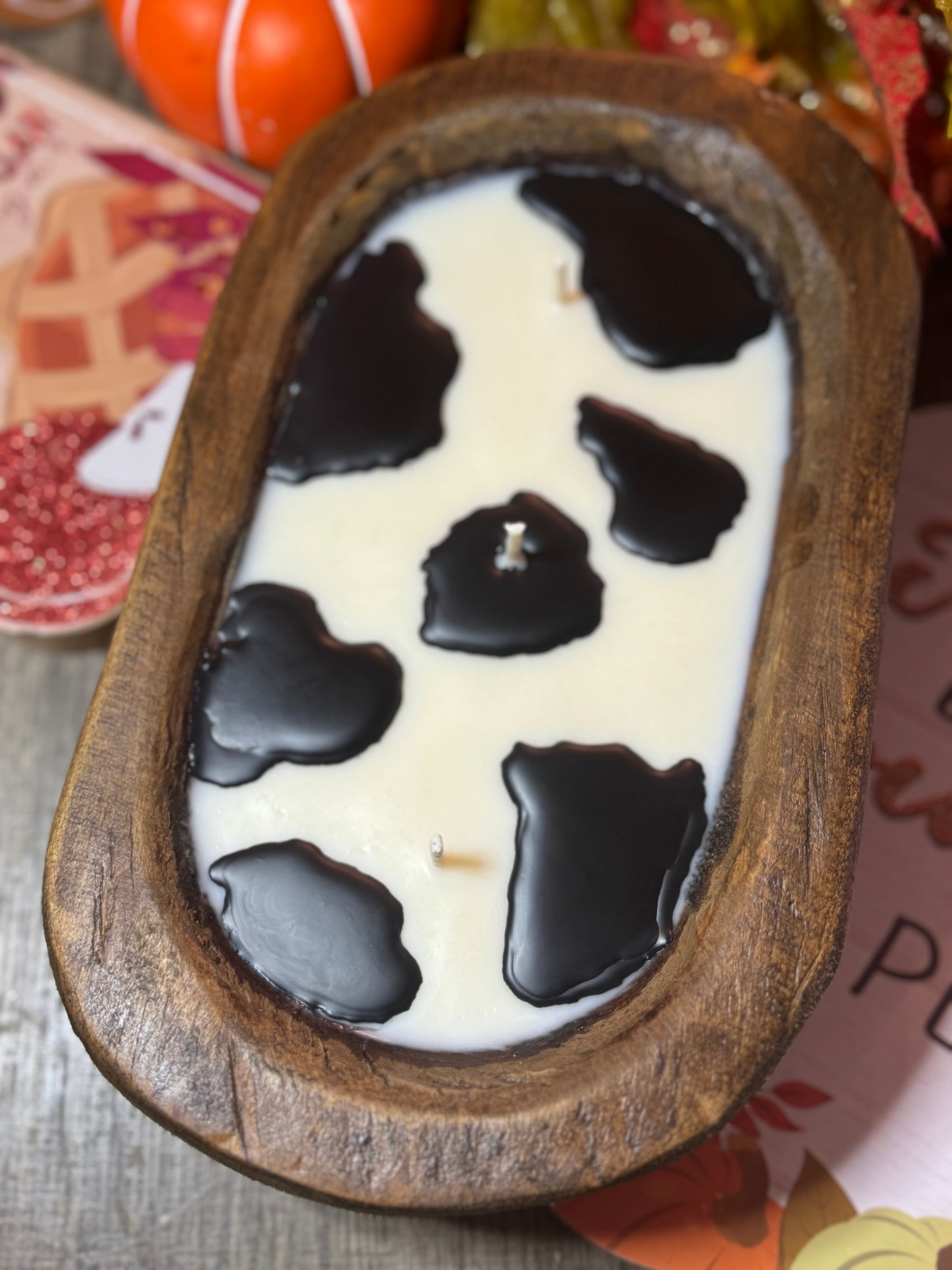 Pink Pumpkin Cow Print Dough Bowl Candle